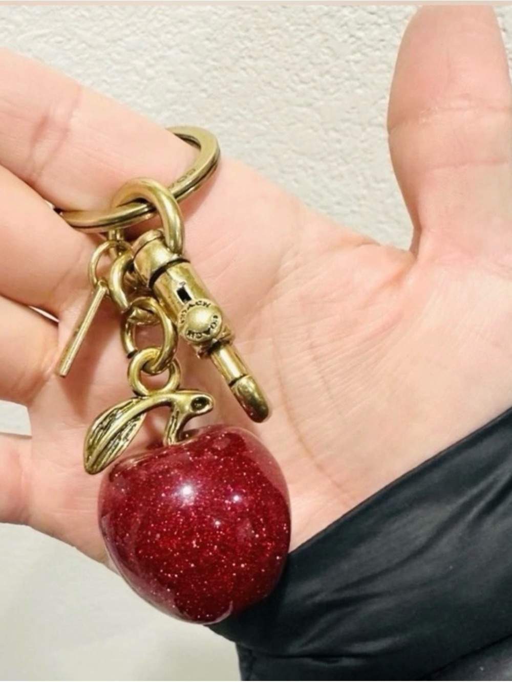 Coach Red Glitter Apple Charm Keychain with Gold Hardware